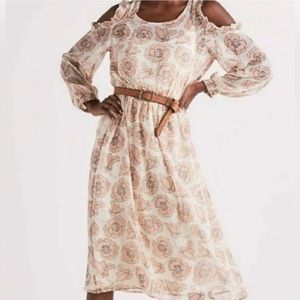 NWT Lucky Brand Ivory, Brown Floral Cold-Shoulder MIDI Dress, Sz S